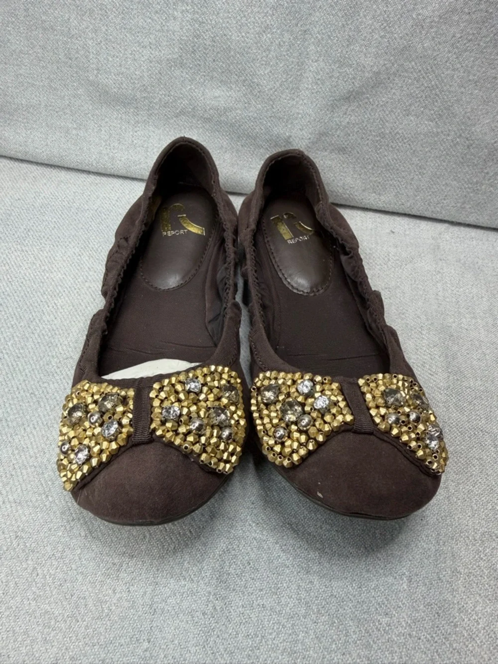 NWOT Report Dark Brown Slip-On Ballet Flats with Gold Accent Bow W5.5